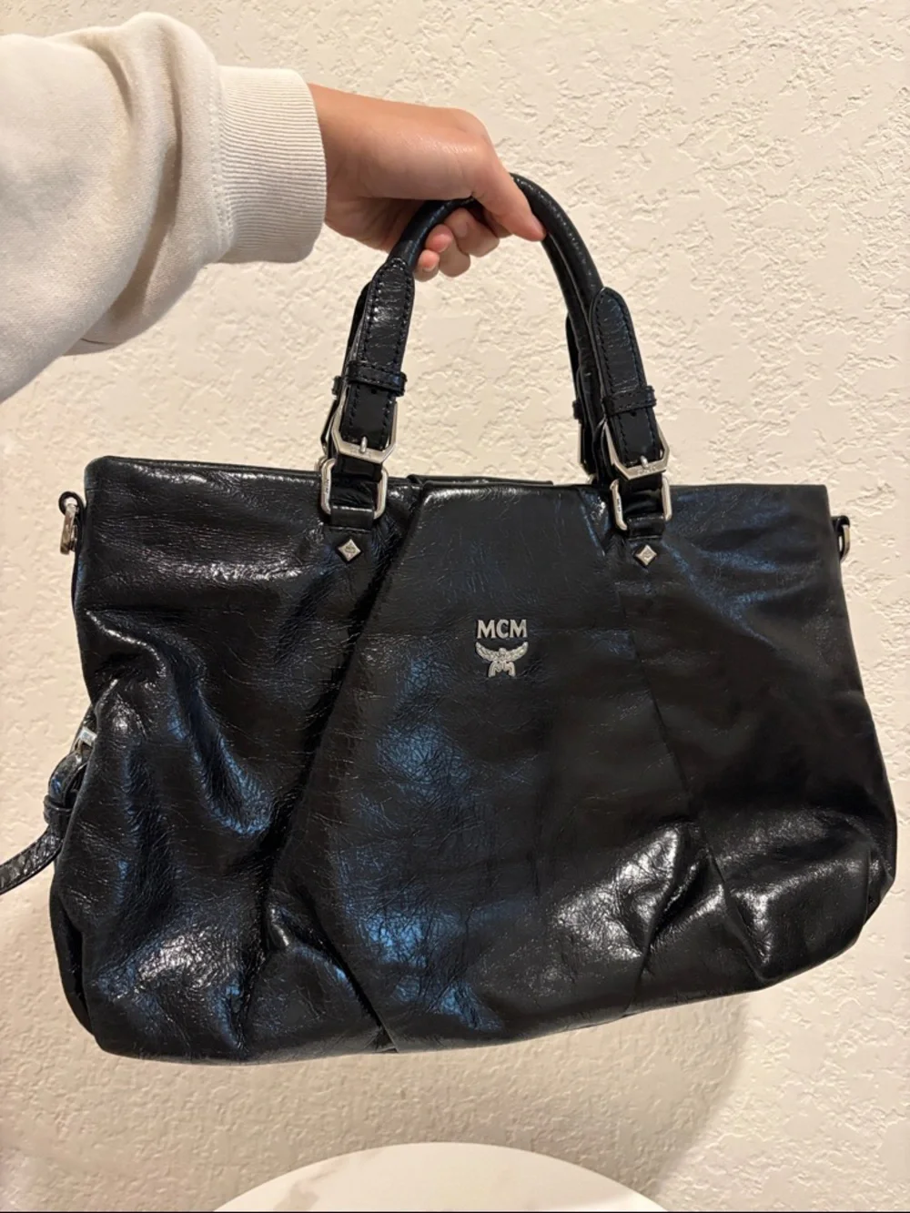 MCM Black Leather Satchel with Silver Hardware - Picture 12 of 12